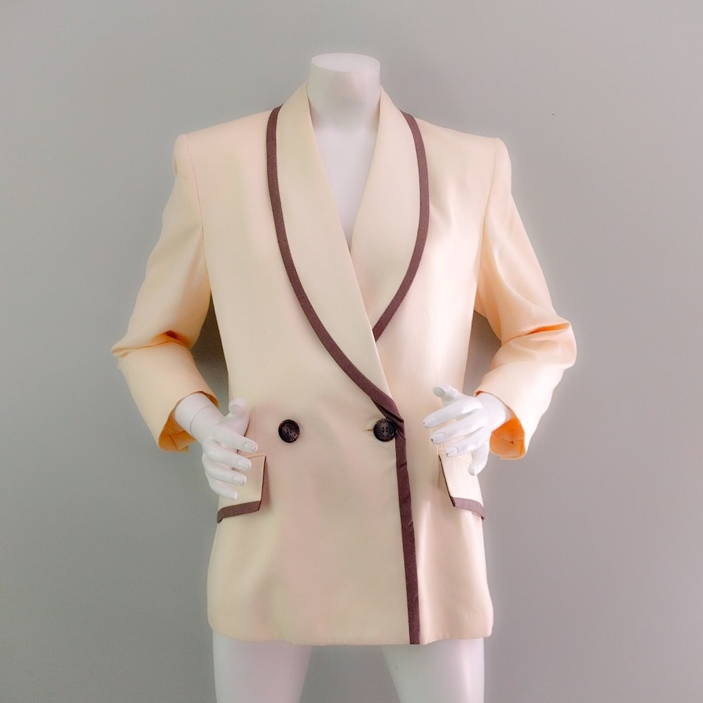 Vintage 1980s Christian Dior Cream Gray Piped Blazer M L